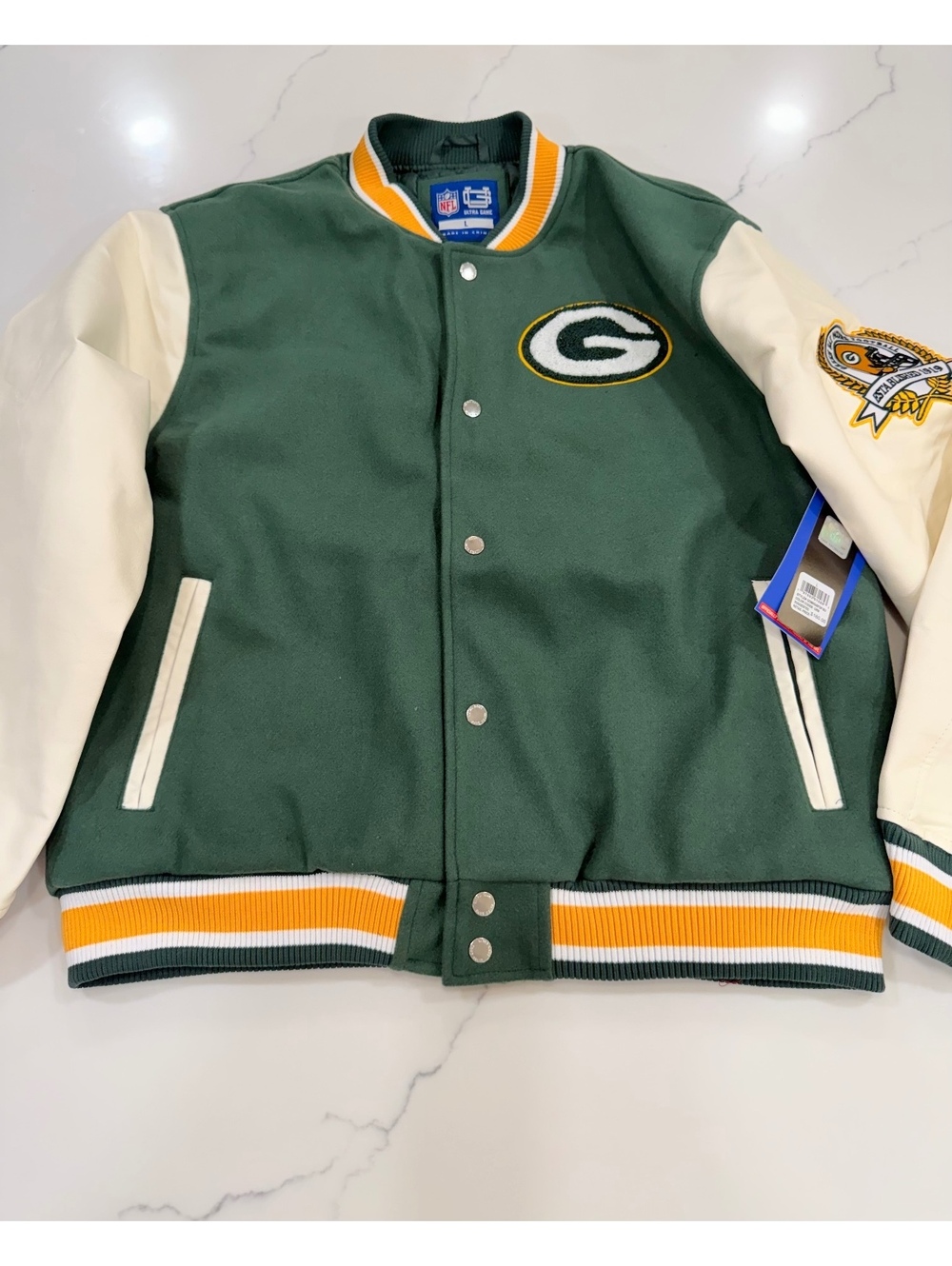NEW Ultra Game Green Packers Varsity Jacket Quilted Faux Leather Sleeve Large